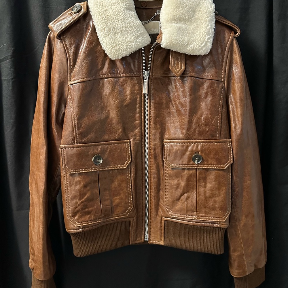 MICHAEL Michael Kors Tan Leather Jacket with Cream Shearling Collar